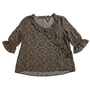Bobeau Wrap Blouse XL Black Floral‎ Ruffle V-Neck 3/4 Sleeve Side Tie MT1WC1